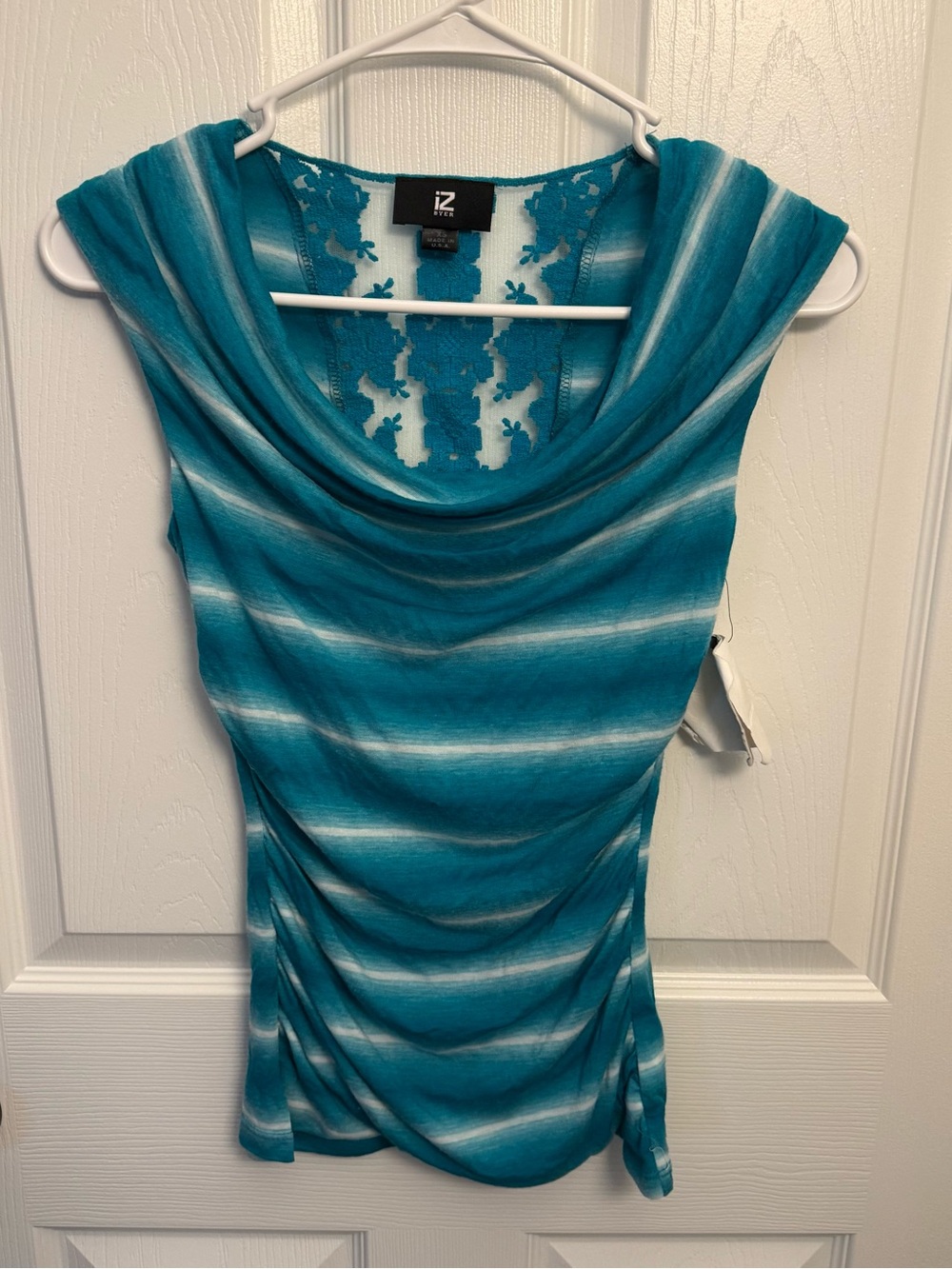 IZ Byer Turquoise Ombre Striped Lace Back Cowl Neck Top XS Y2K